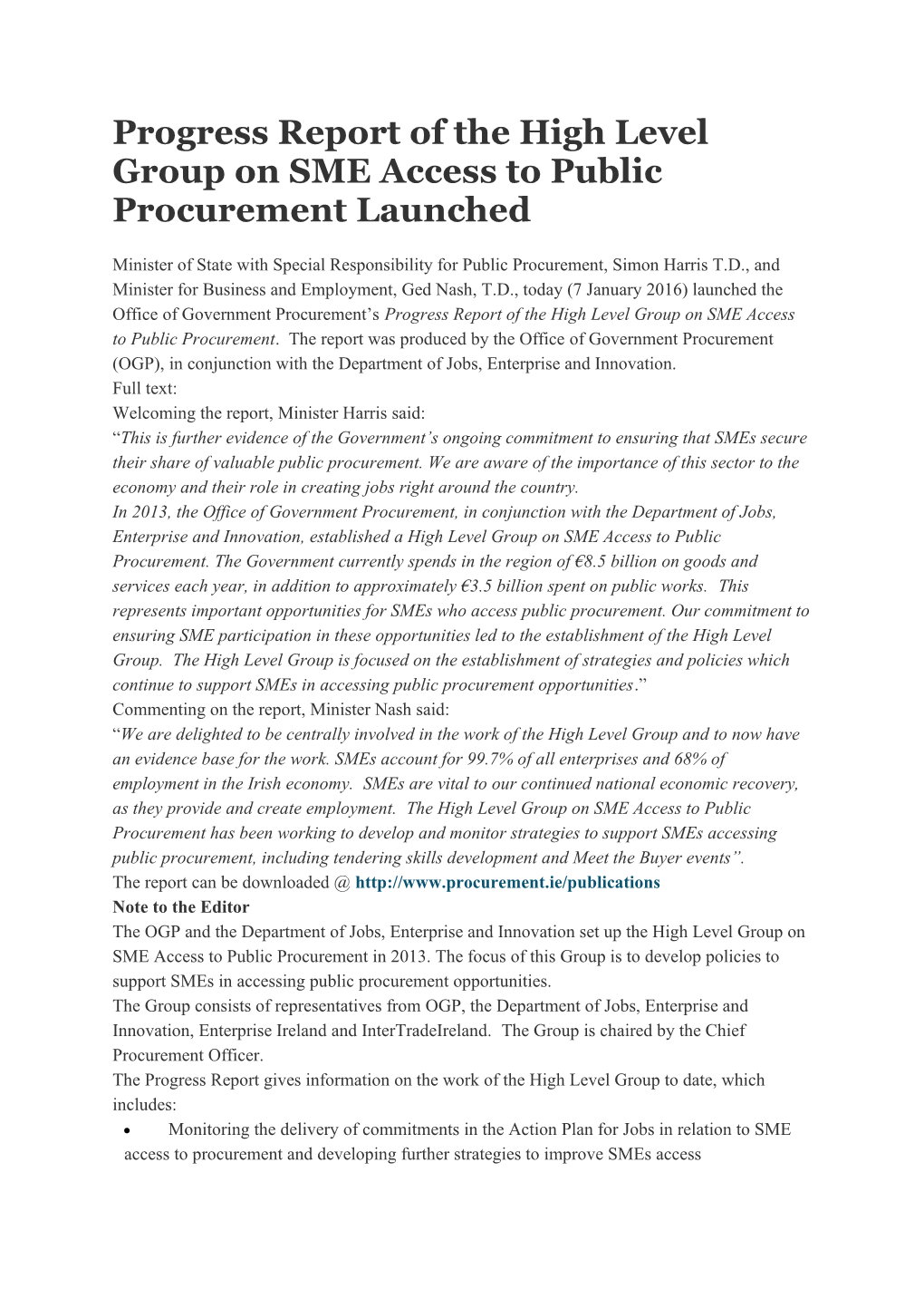 Progress Report of the High Level Group on SME Access to Public Procurement Launched