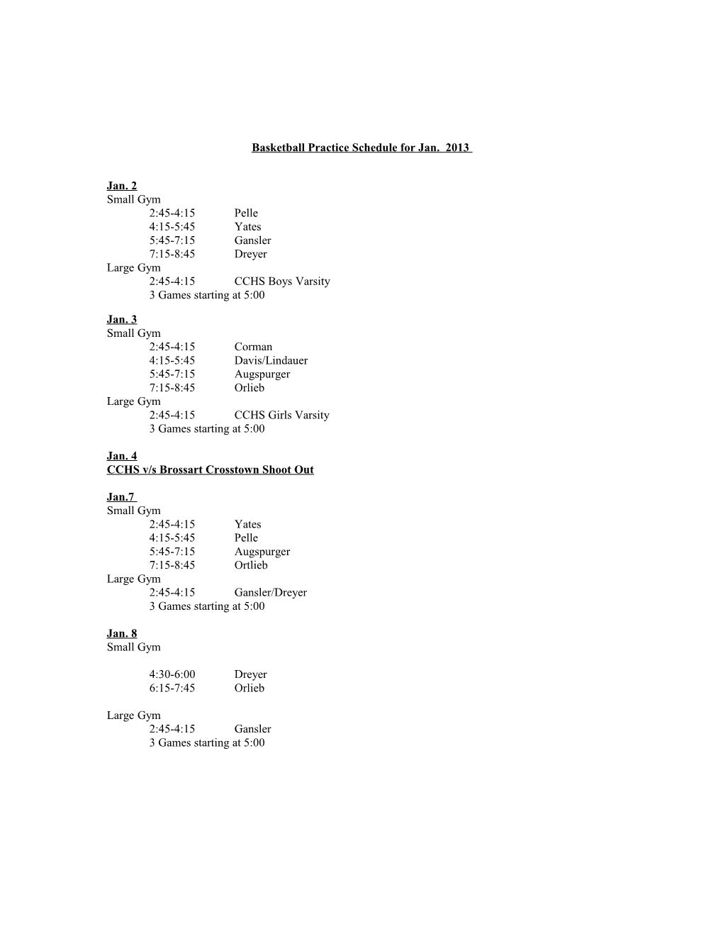Basketball Practice Schedule