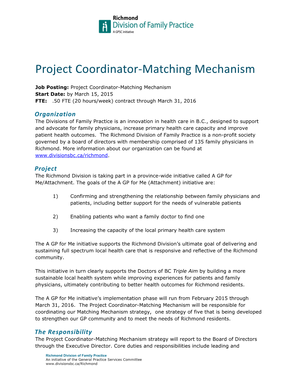 Project Coordinator-Matching Mechanism