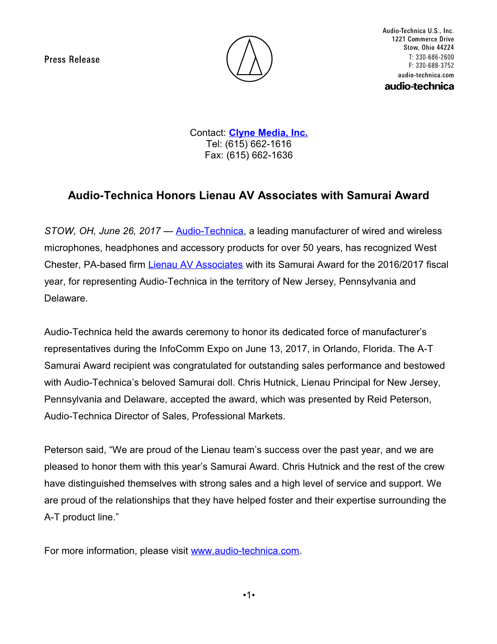 Audio-Technica Honors Lienau AV Associates with Samurai Award