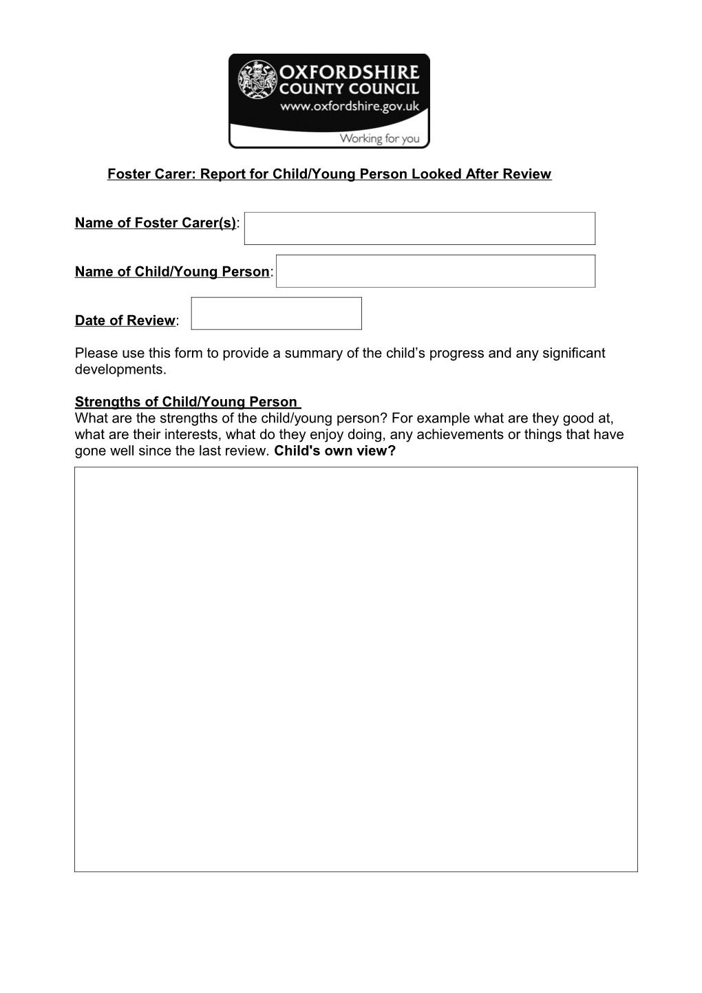 Foster Carer: Report for Child/Young Person Looked After Review