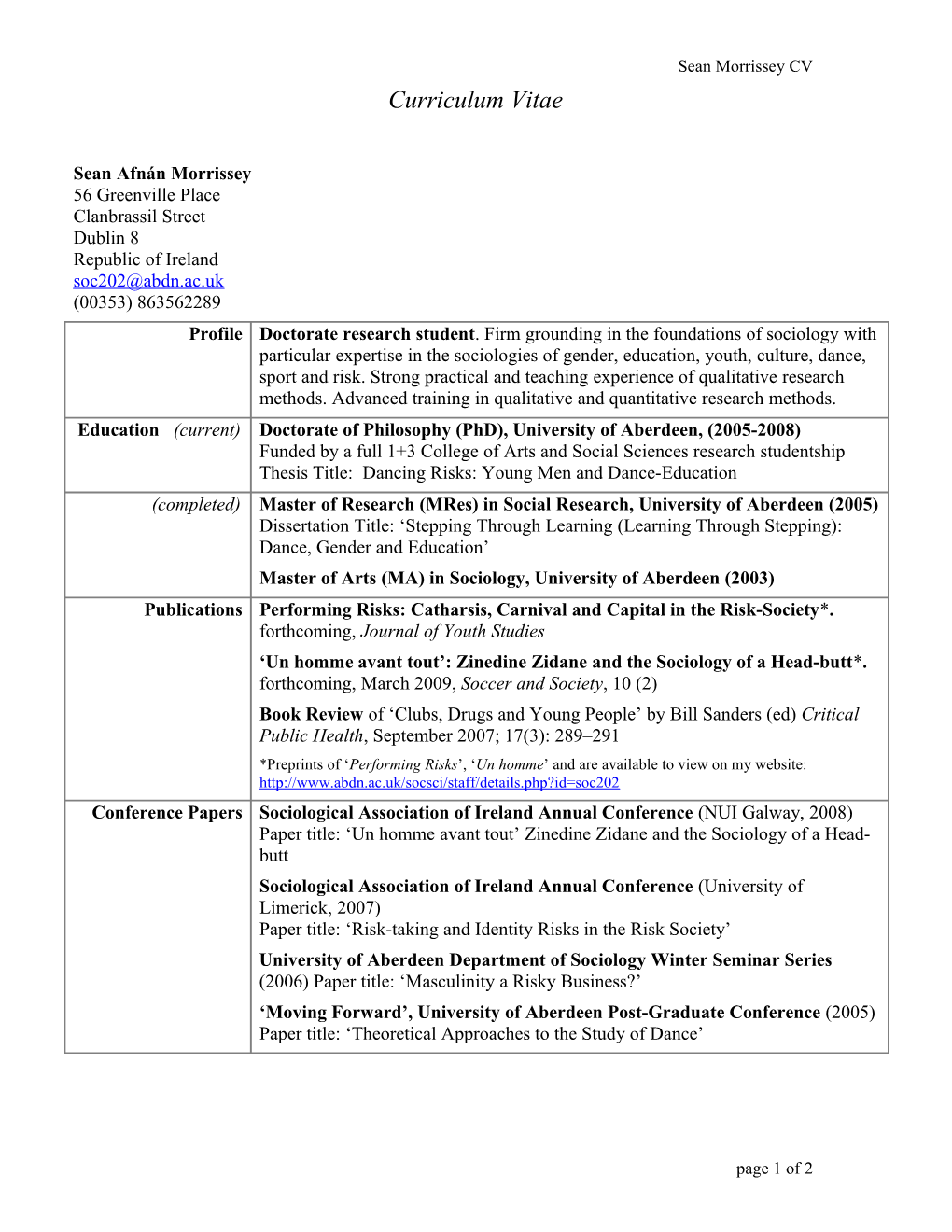 Sean Morrissey CV