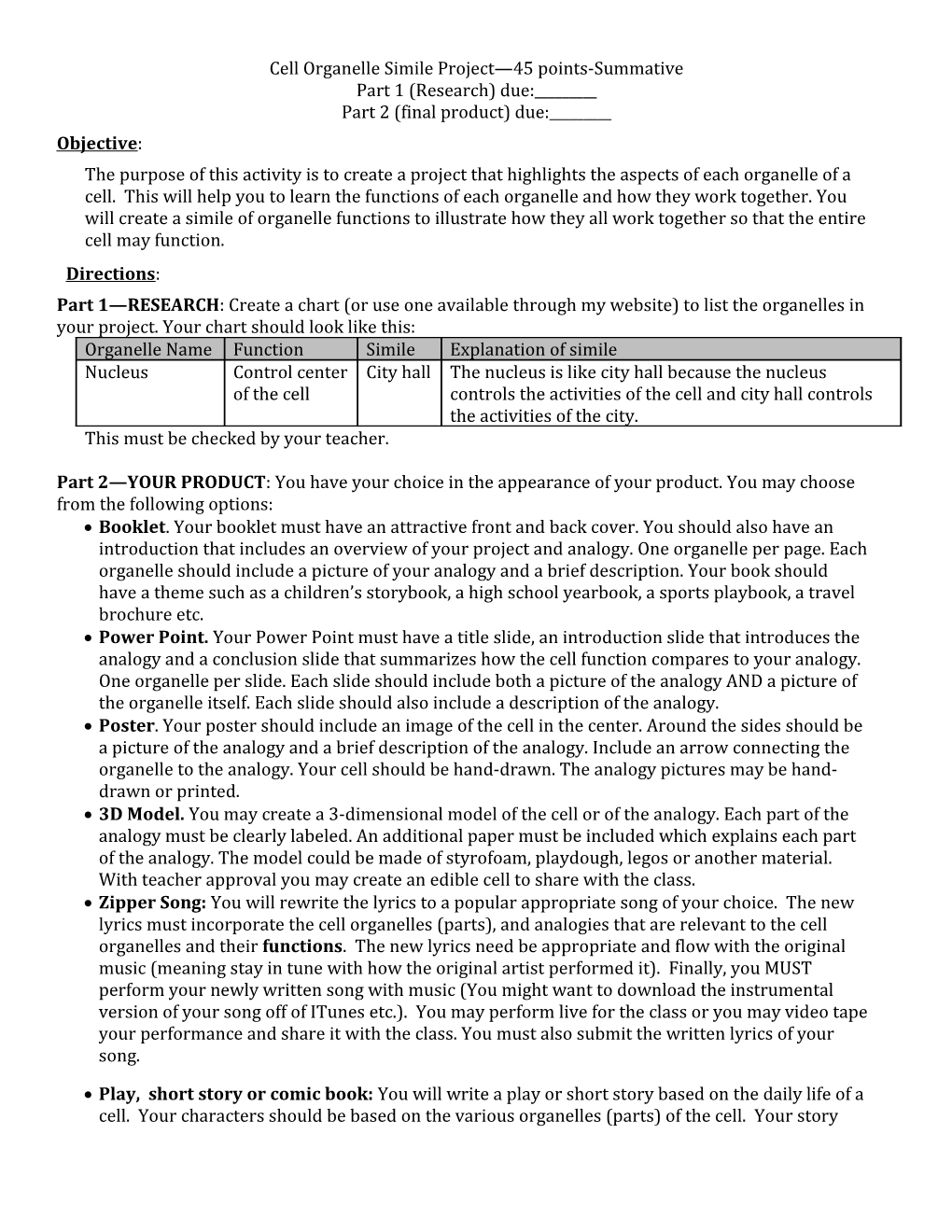 Cell Organelle Simile Project 45 Points-Summative