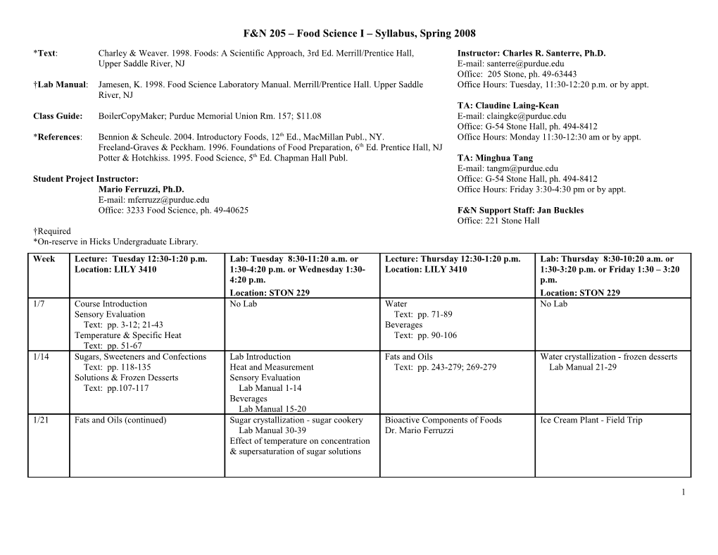 F&N 205 Food Science I Syllabus, Spring 2008