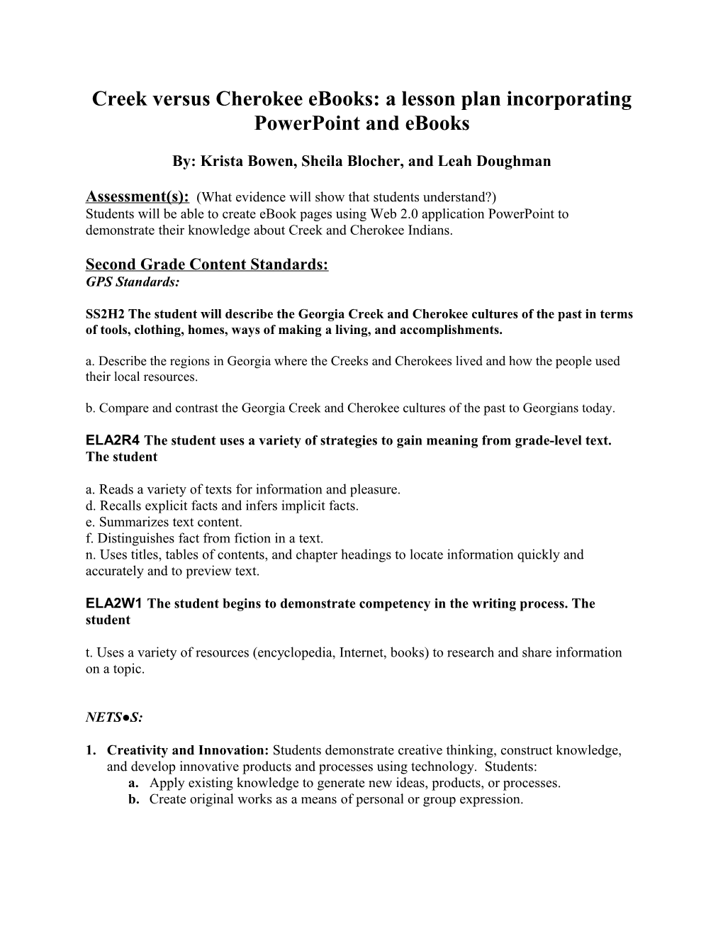 Creek Versus Cherokee Ebooks: a Lesson Plan Incorporating Powerpoint and Ebooks