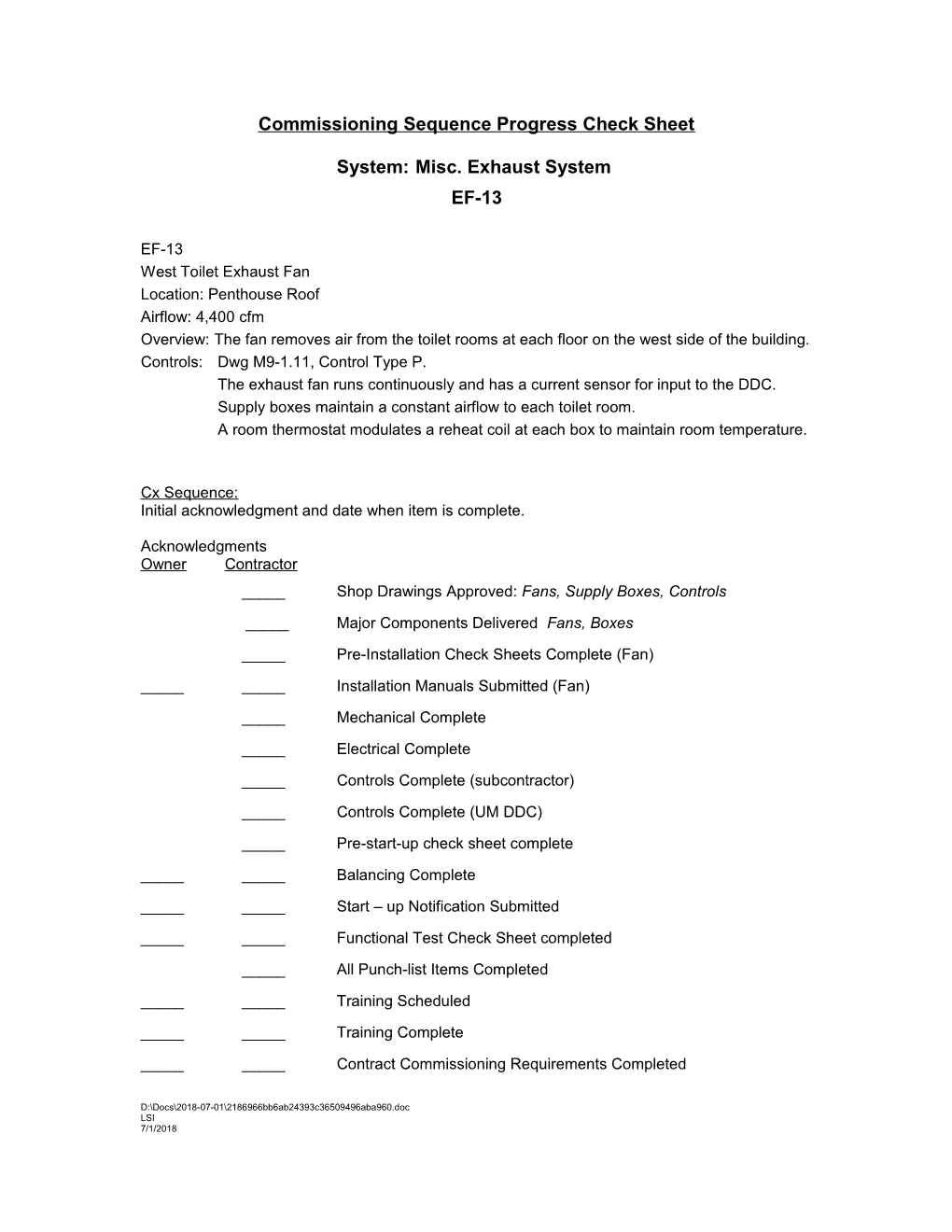 Commissioning Sequence Progress Check Sheet