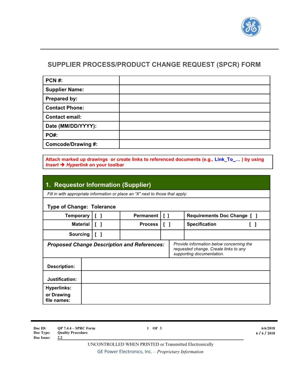 Supplier Process/Product Change Request (Spcr) Form