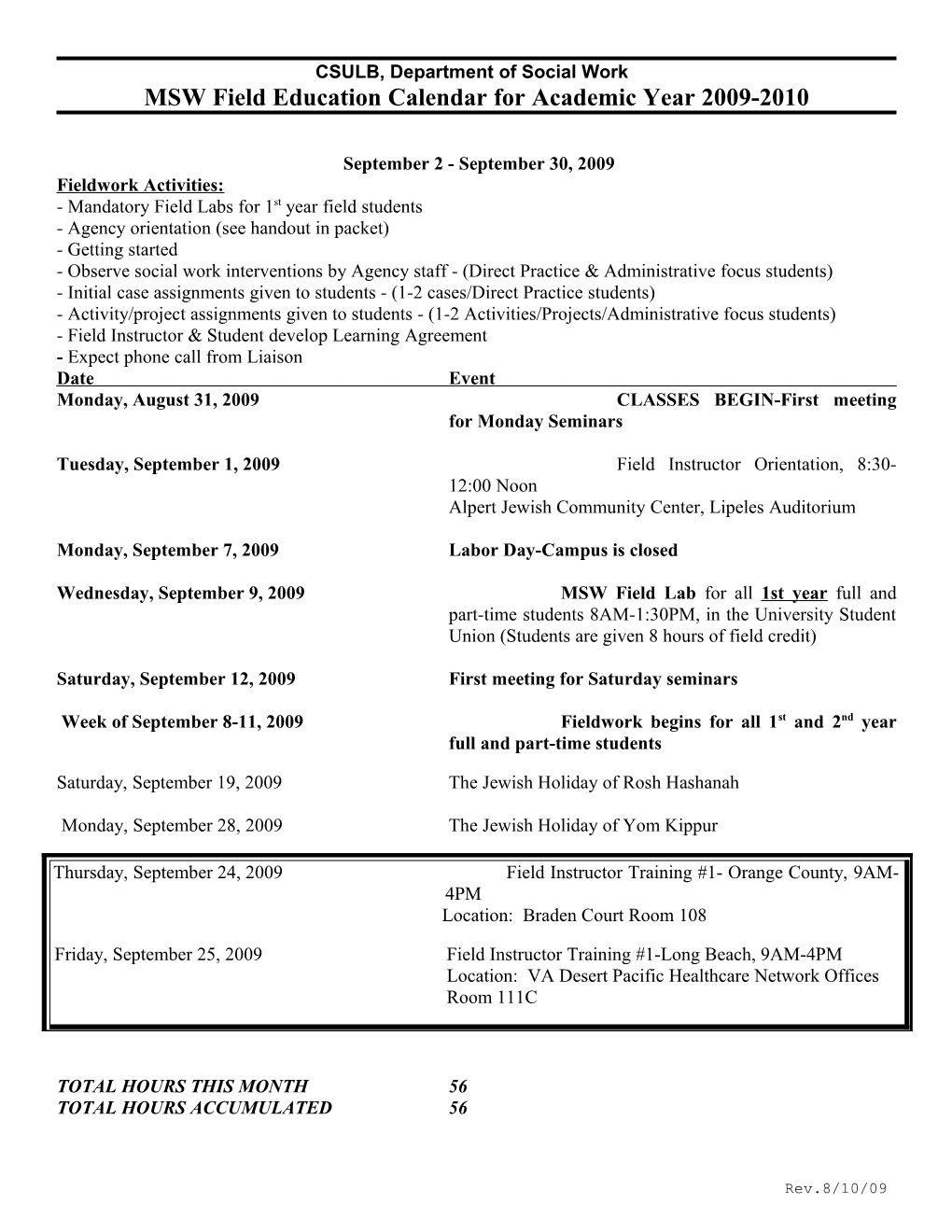 MSW Field Education Calendar for Academic Year 2009-2010