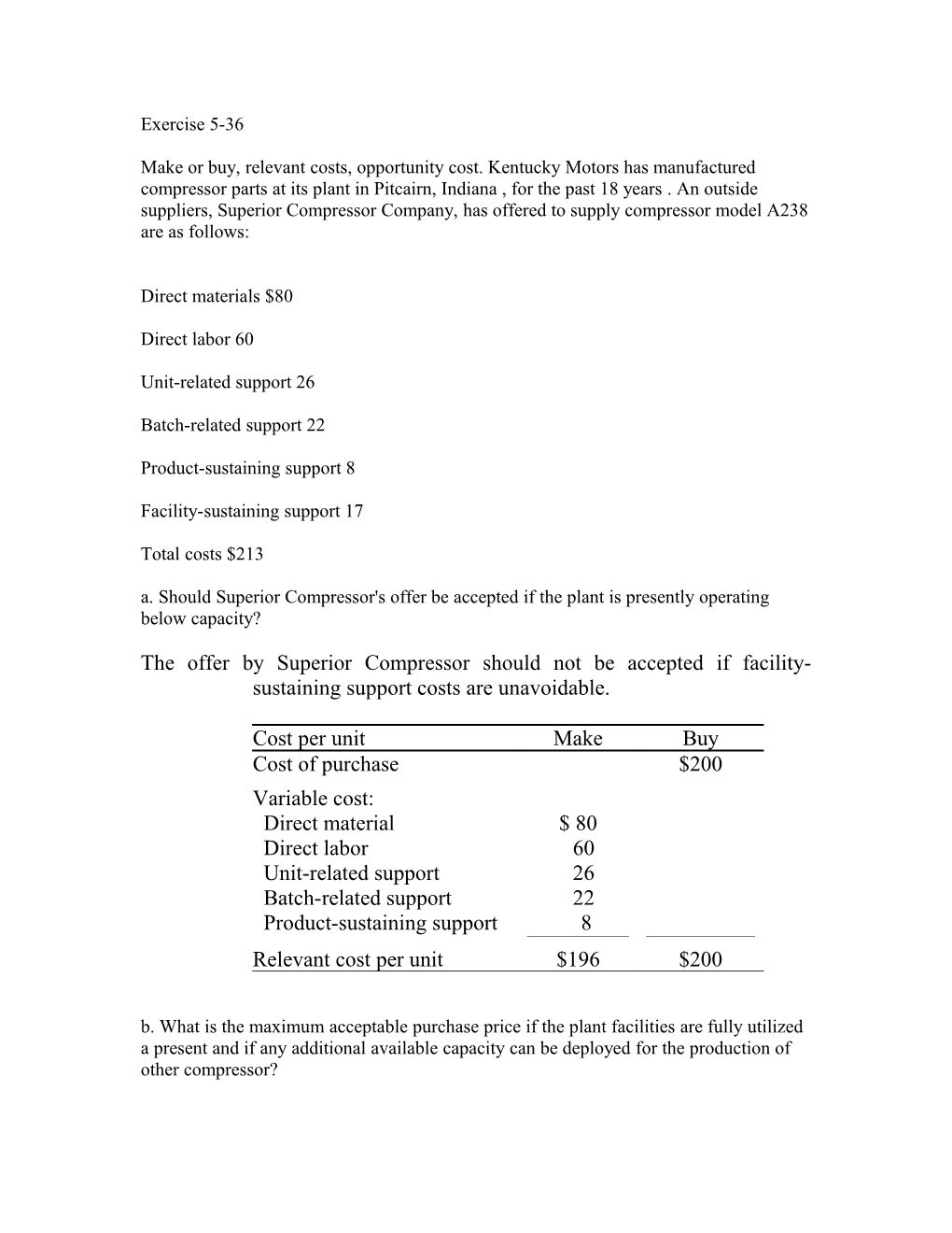 The Maximum Acceptable Purchase Price Is $213 Per Unit If the Plant