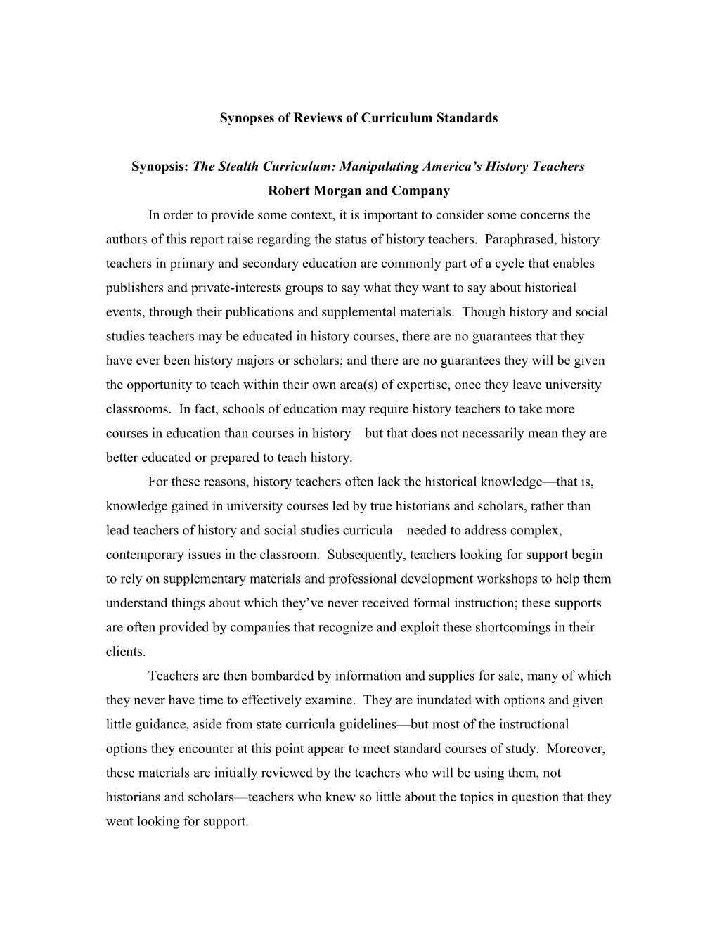Synopses of Reviews of Curriculum Standards