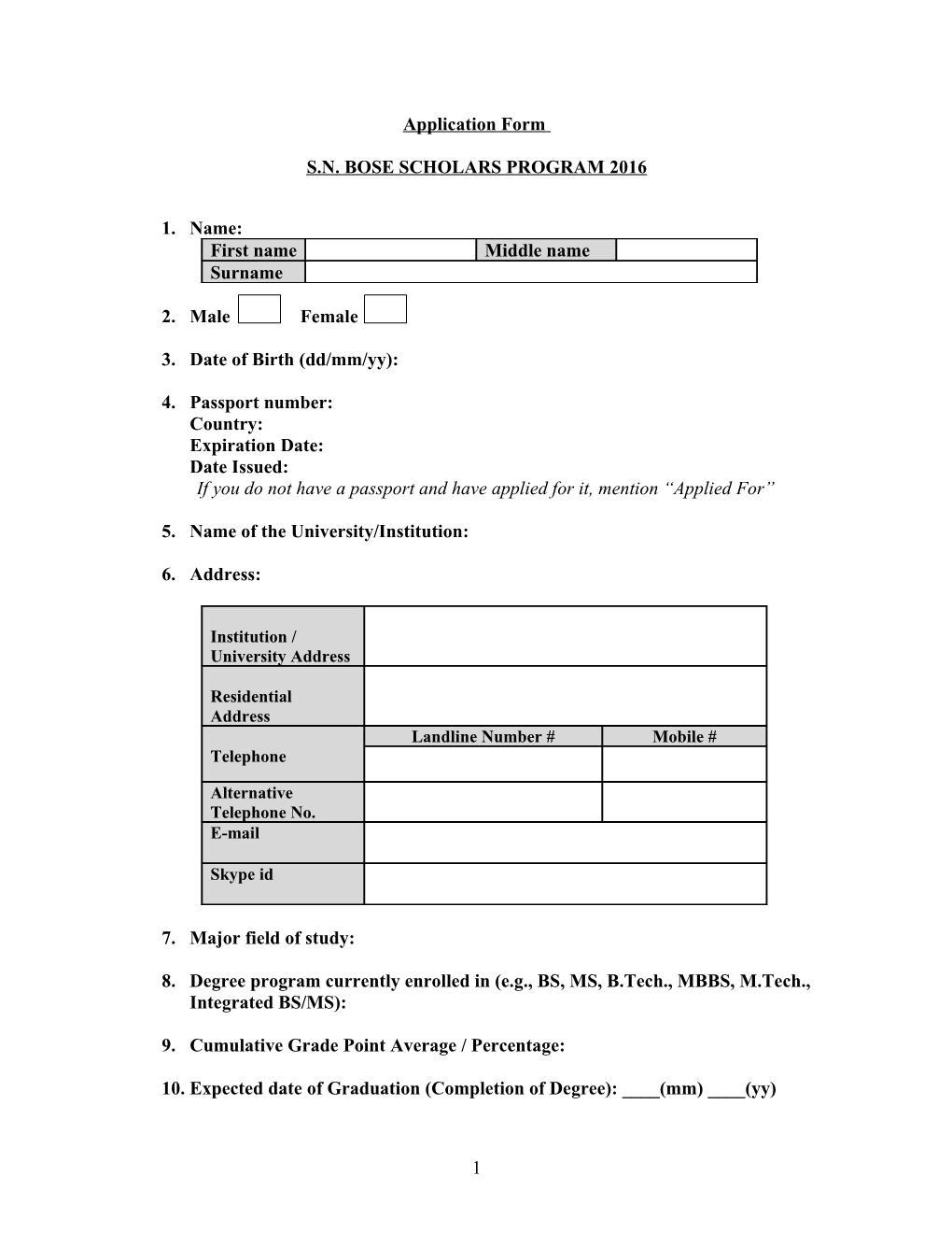Application Form for Khorana Summer Research