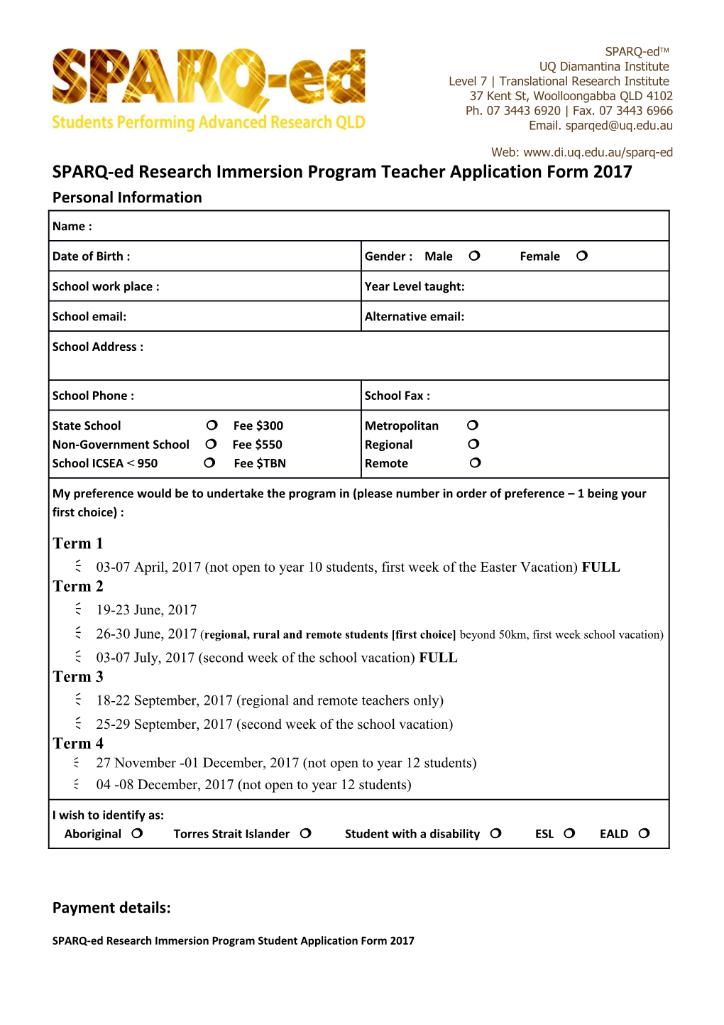 SPARQ-Ed Research Immersion Program Teacher Application Form2017