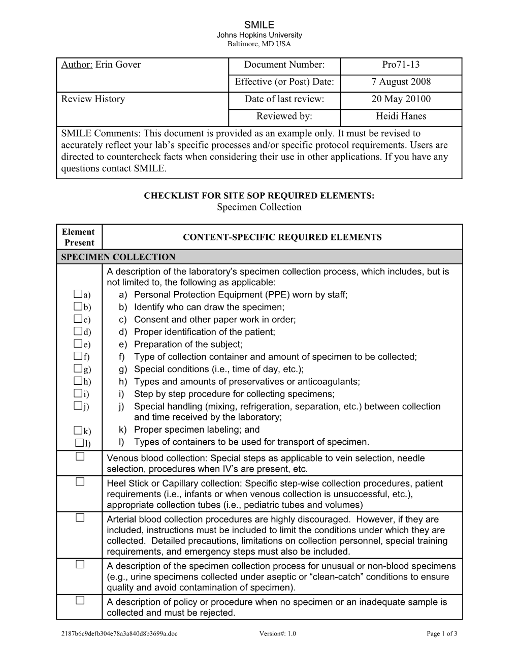 Pro7.1-13 SOP Checklist-Specimen Collection