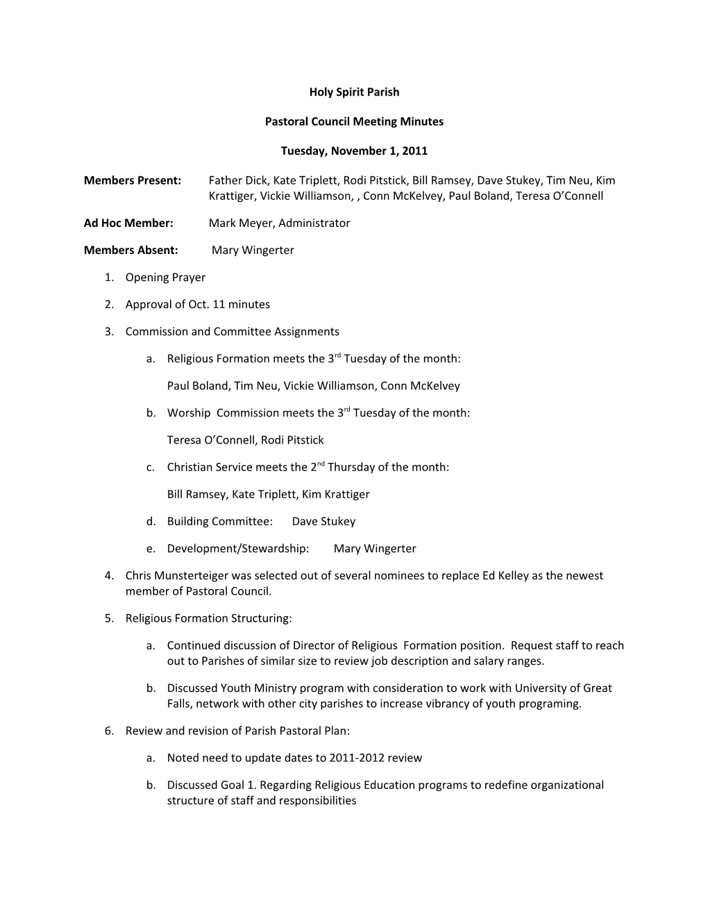 Pastoral Council Meeting Minutes