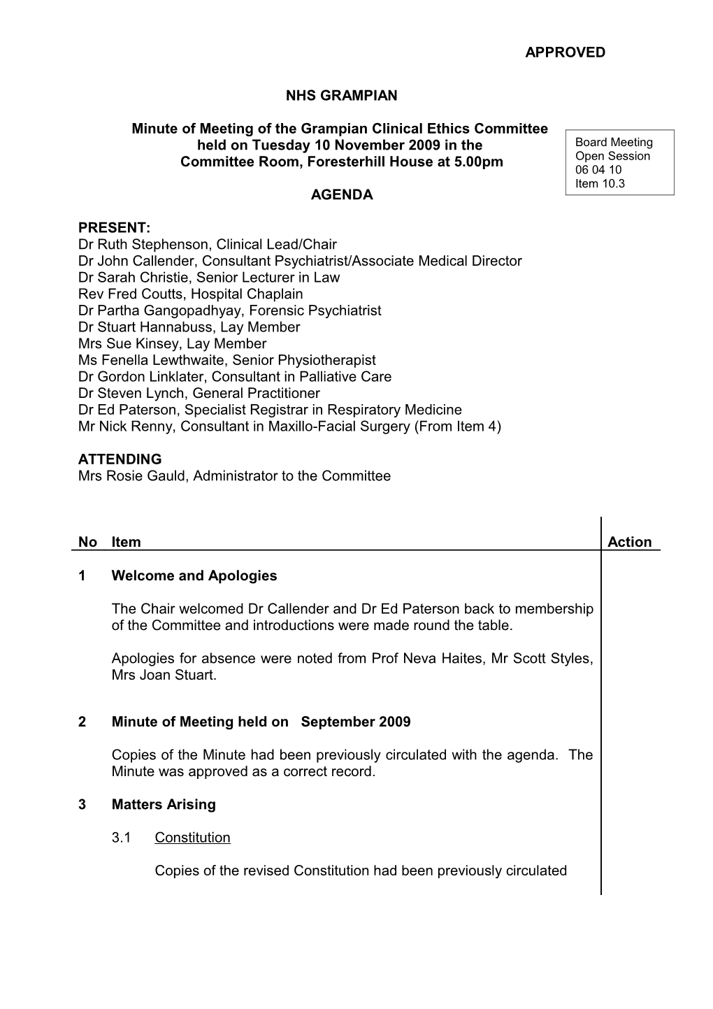 Item 10.3 for 6 Apr 10 Clinical Ethics Committee 10 November 2009