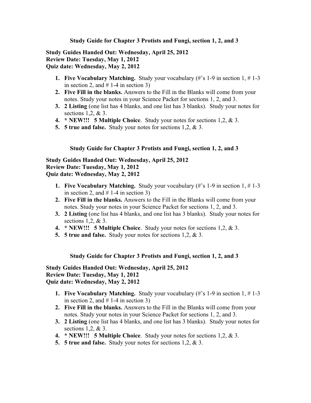 Study Guide for Chapter 3 Protists and Fungi, Section 1, 2, and 3