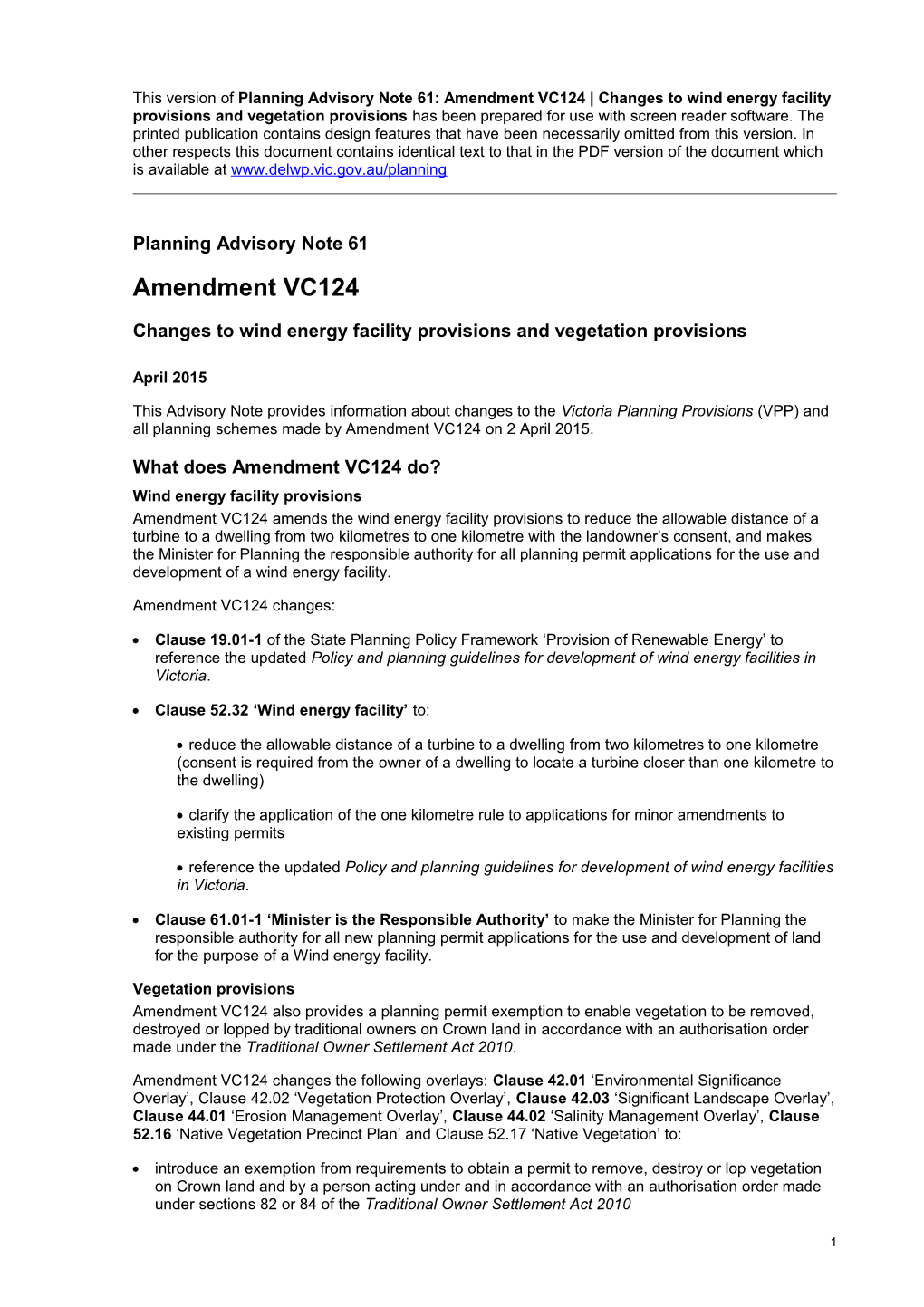 Planning Advisory Note 61: Amendment VC124 Changes to Wind Energy Facility Provisions And