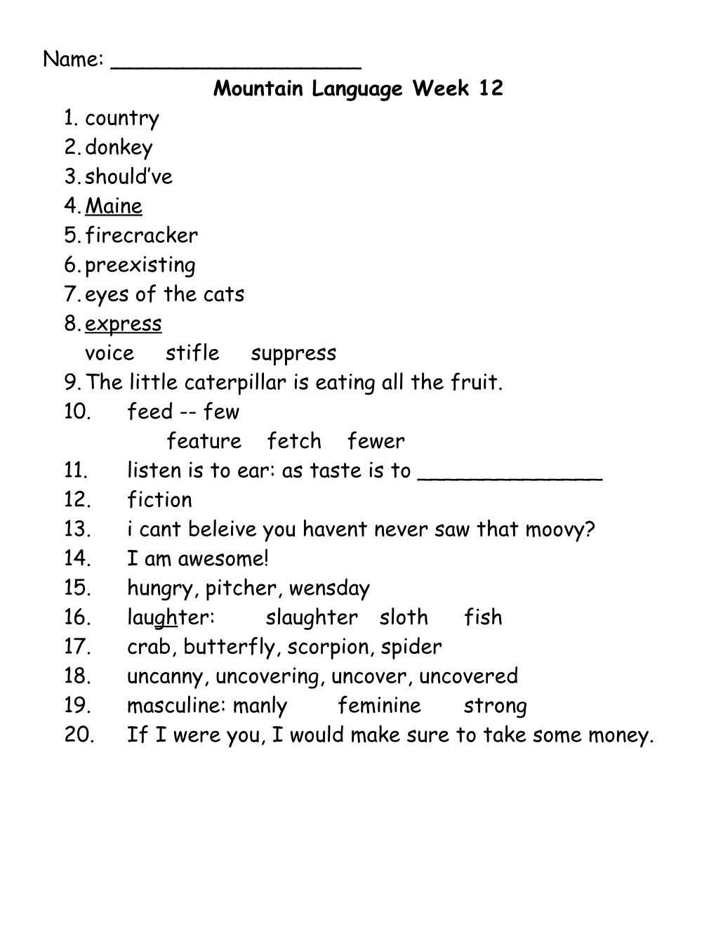 Mountain Language Answer Sheet