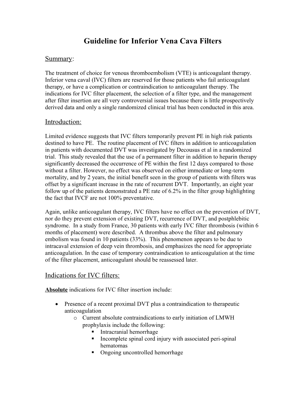 Guideline for Retrievable Inferior Vena Cava Filters