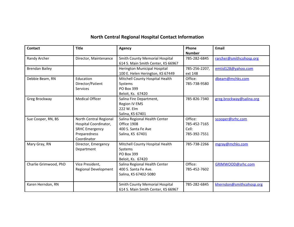 North Central Regional Hospital Contact Information