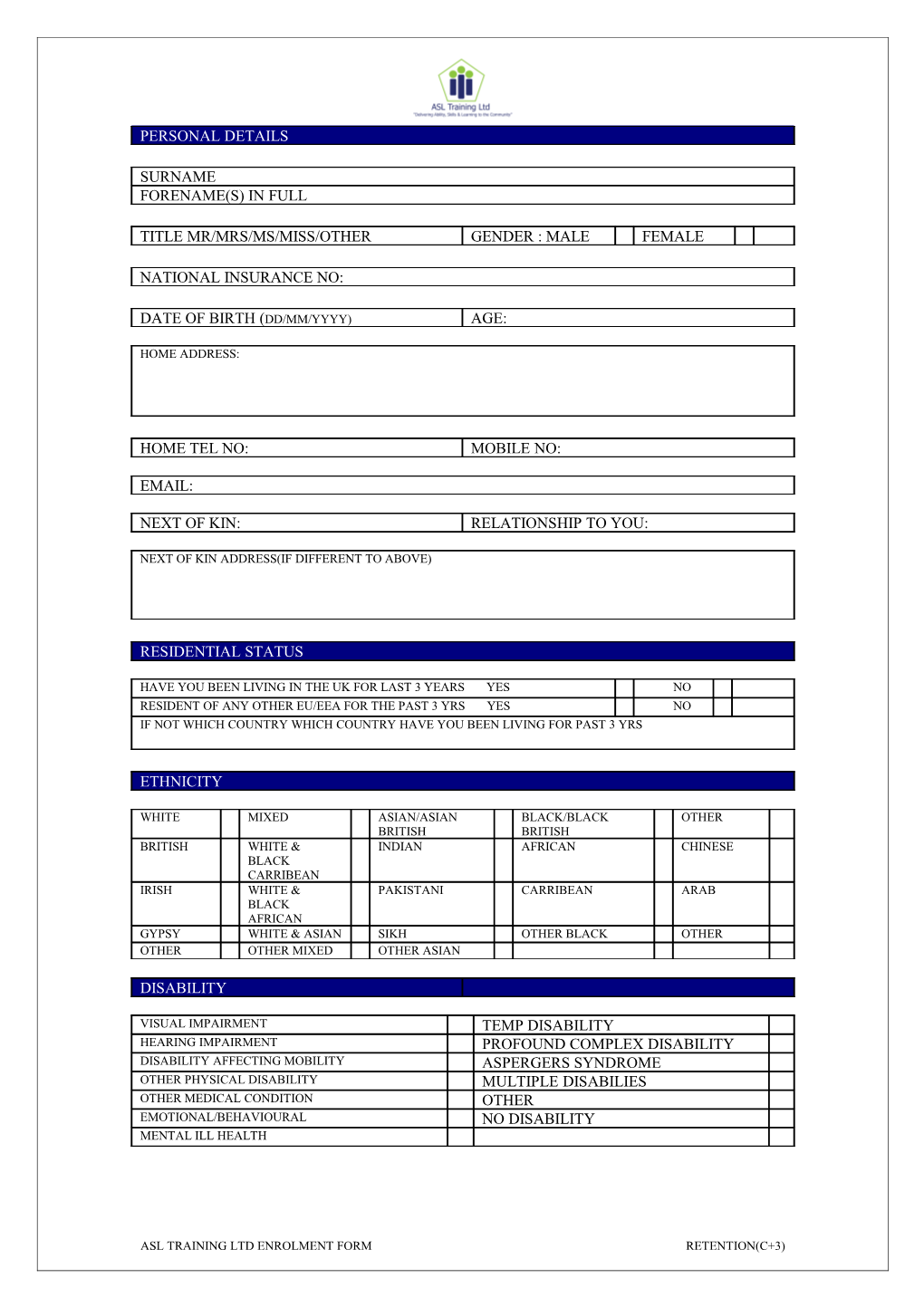 Asl Training Ltd Enrolment Form Retention(C+3)