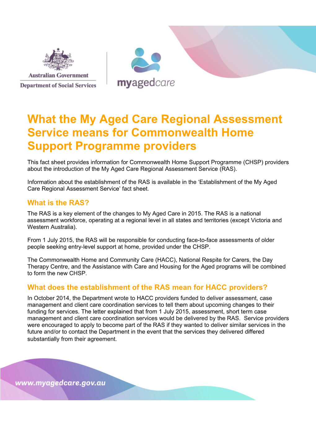 What the My Aged Care Regional Assessment Service Means for Commonwealth Home Support Programme