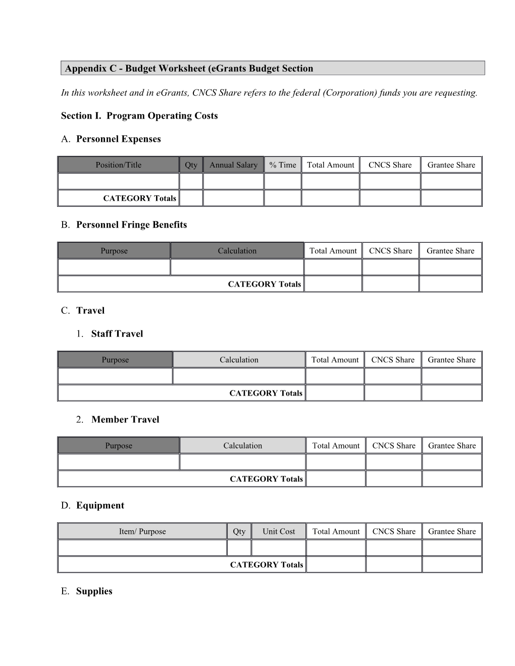 Appendix C - Budget Worksheet (Egrants Budget Section