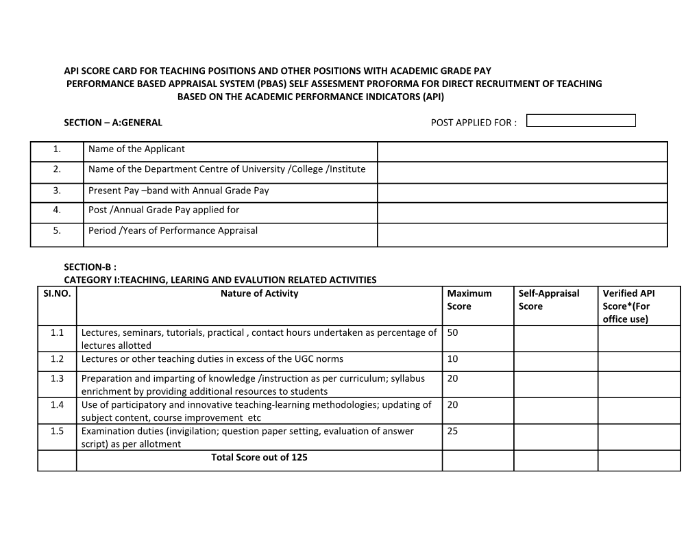 Api Score Card for Teaching Positions and Other Positions with Academic Grade Pay