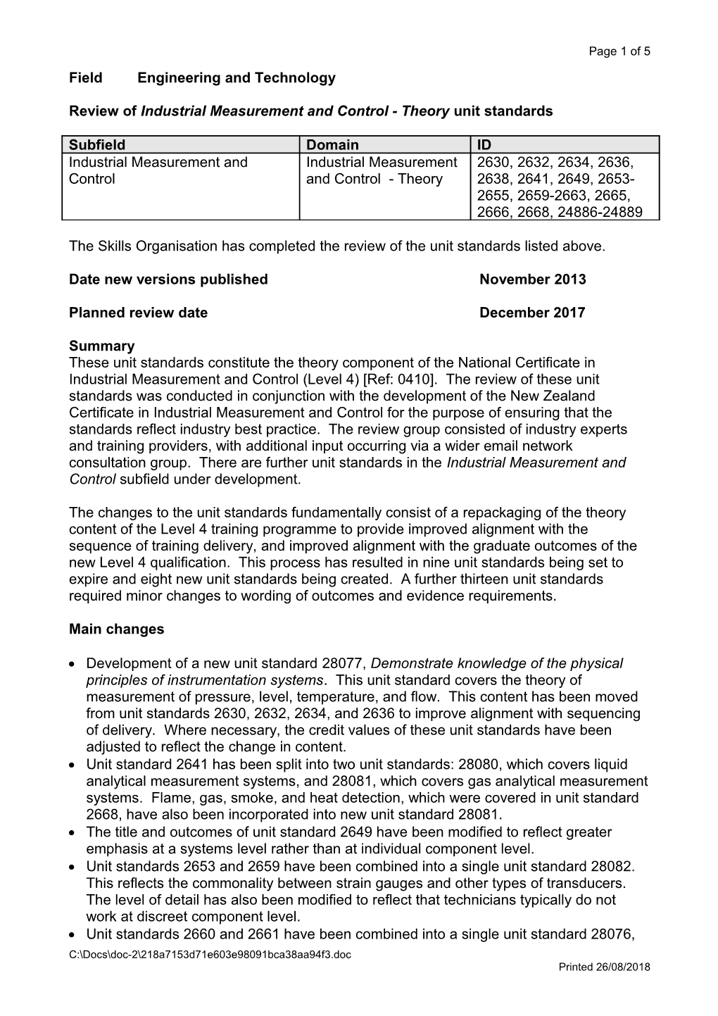 Review of Industrial Measurement and Control - Theory Unit Standards