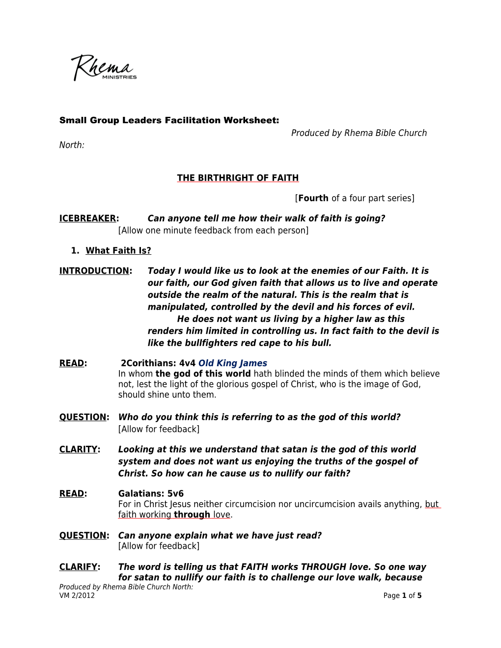 Small Group Leaders Facilitation Worksheet: Produced by Rhema Bible Church North