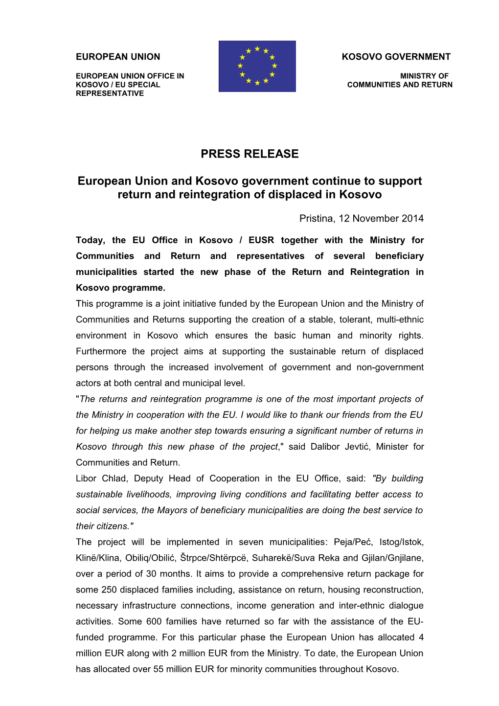 European Union and Kosovo Government Continue to Support Return and Reintegration of Displaced