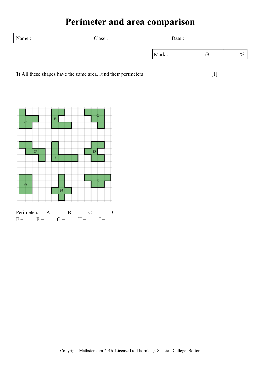 Solutions for the Assessment Perimeter and Area Comparison