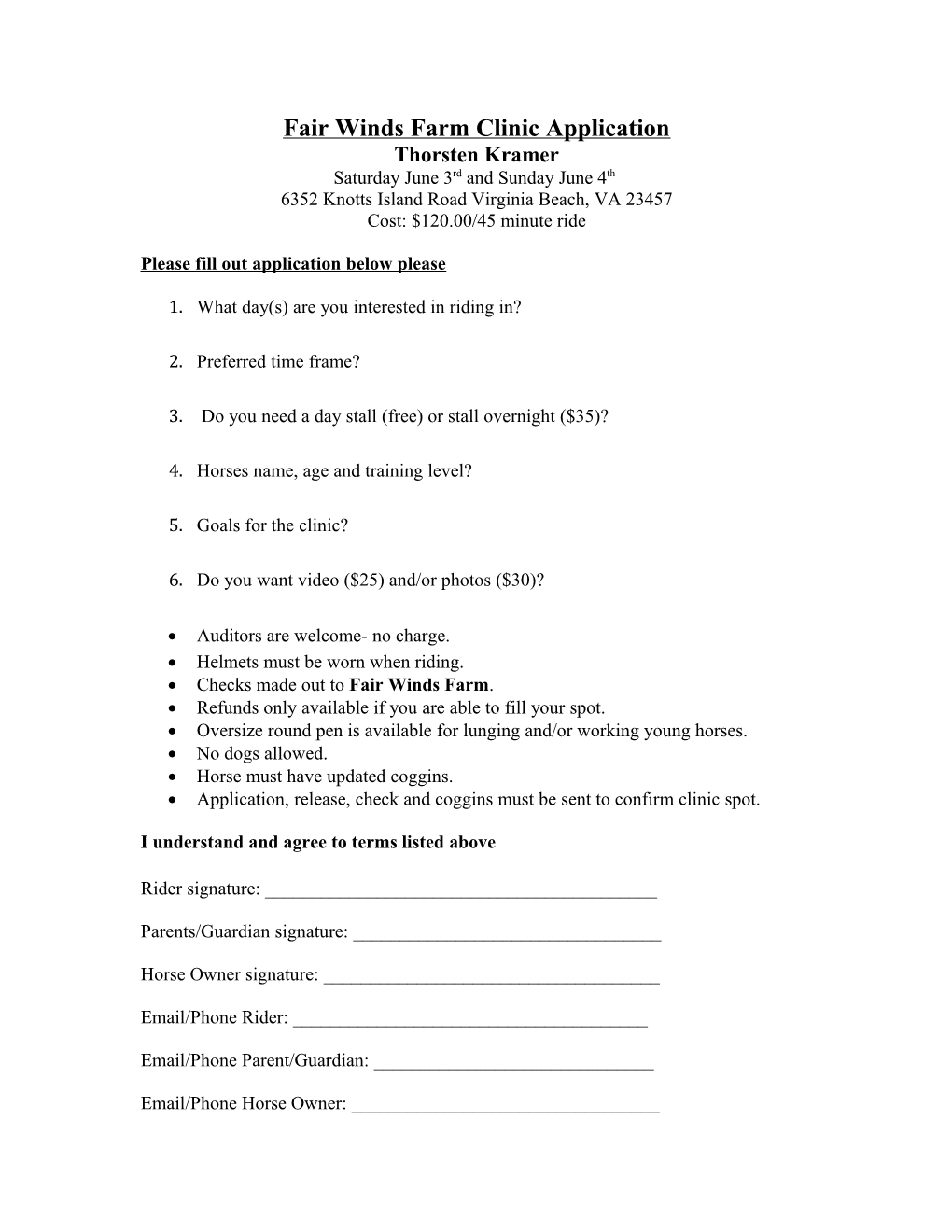 Fair Winds Farm Clinic Application