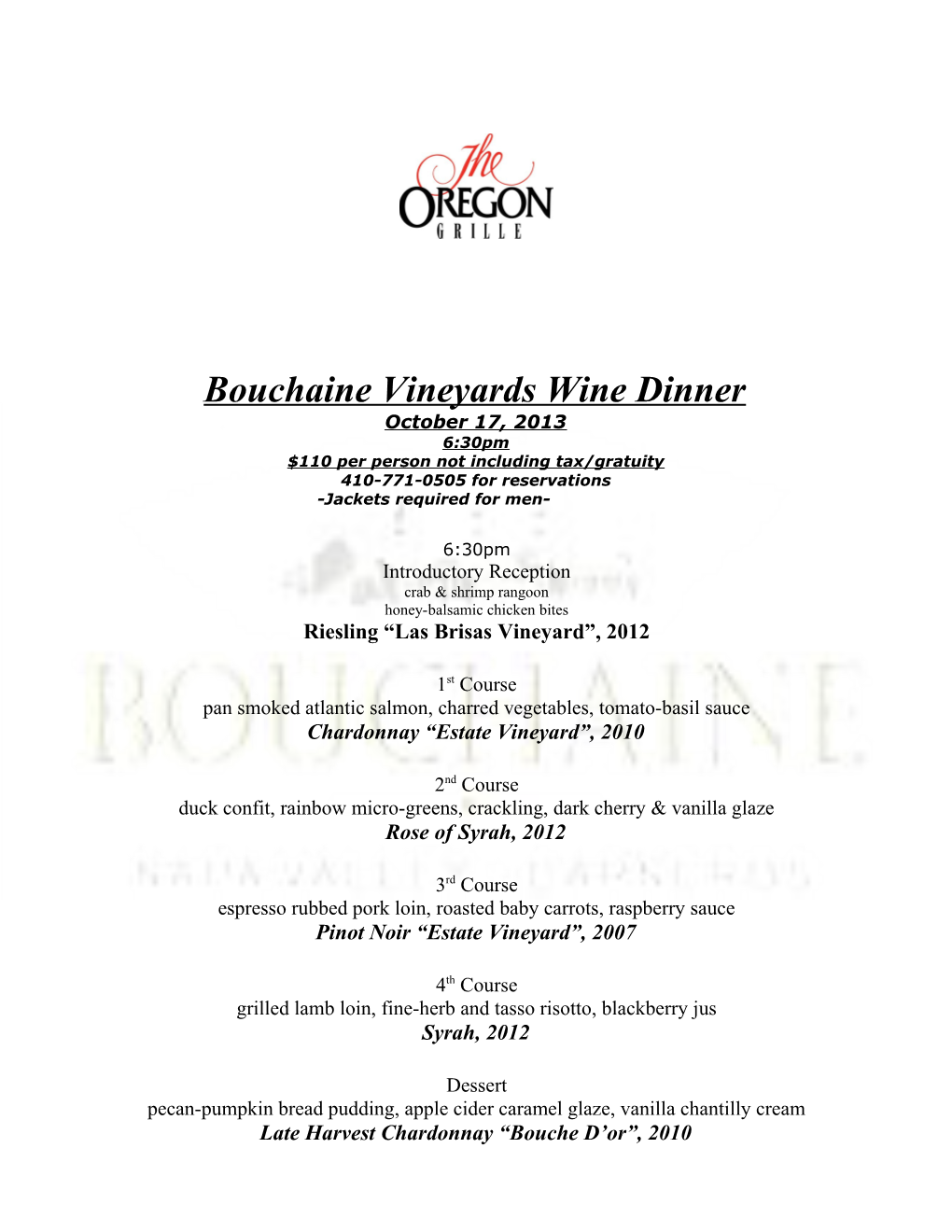 Bouchaine Vineyards Wine Dinner