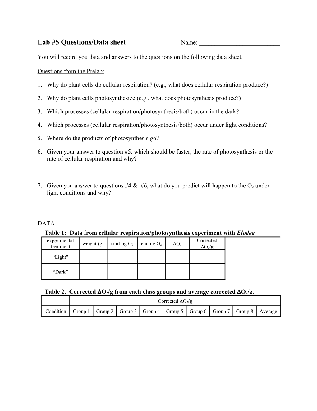 Lab #4 Questions/Data Sheet