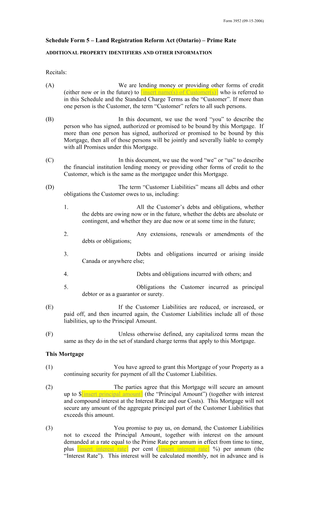 Schedule Form 5 Land Registration Reform Act (Ontario) Prime Rate