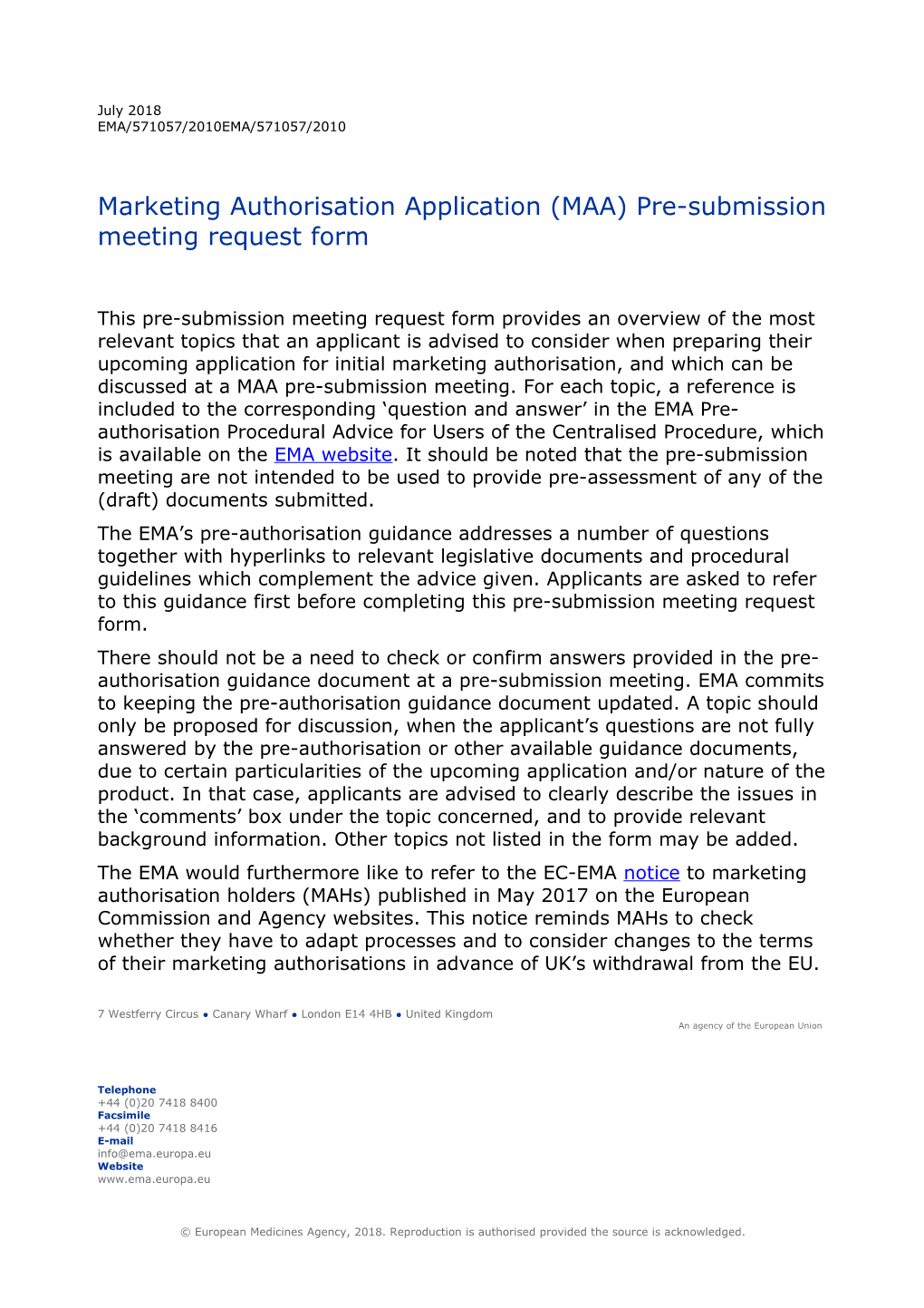 MAA Pre-Submission Meeting Request Form