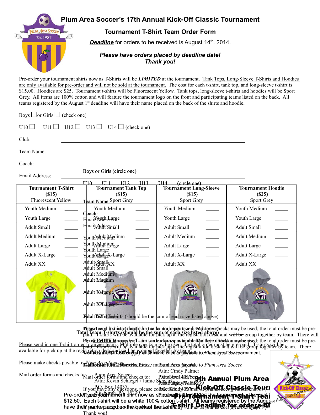 Tournament T-Shirt Team Order Form
