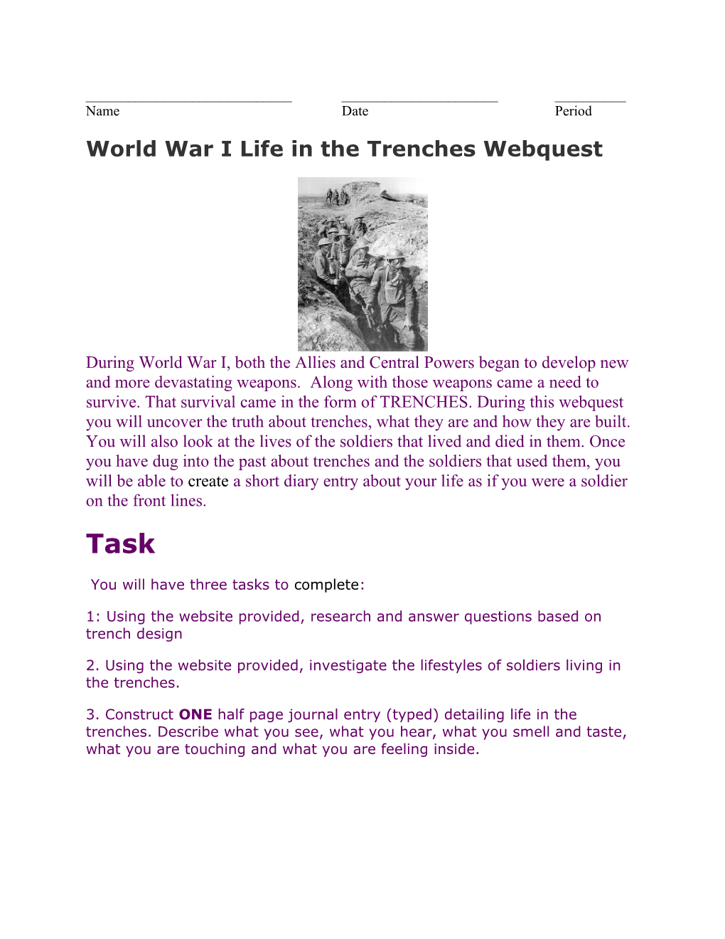 World War I Life in the Trenches Webquest