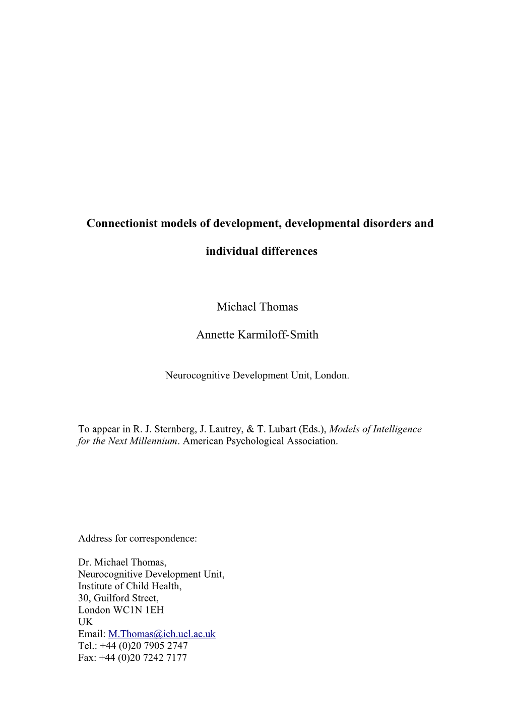 Connectionist Models of Developmental Disorders and Individual Differences