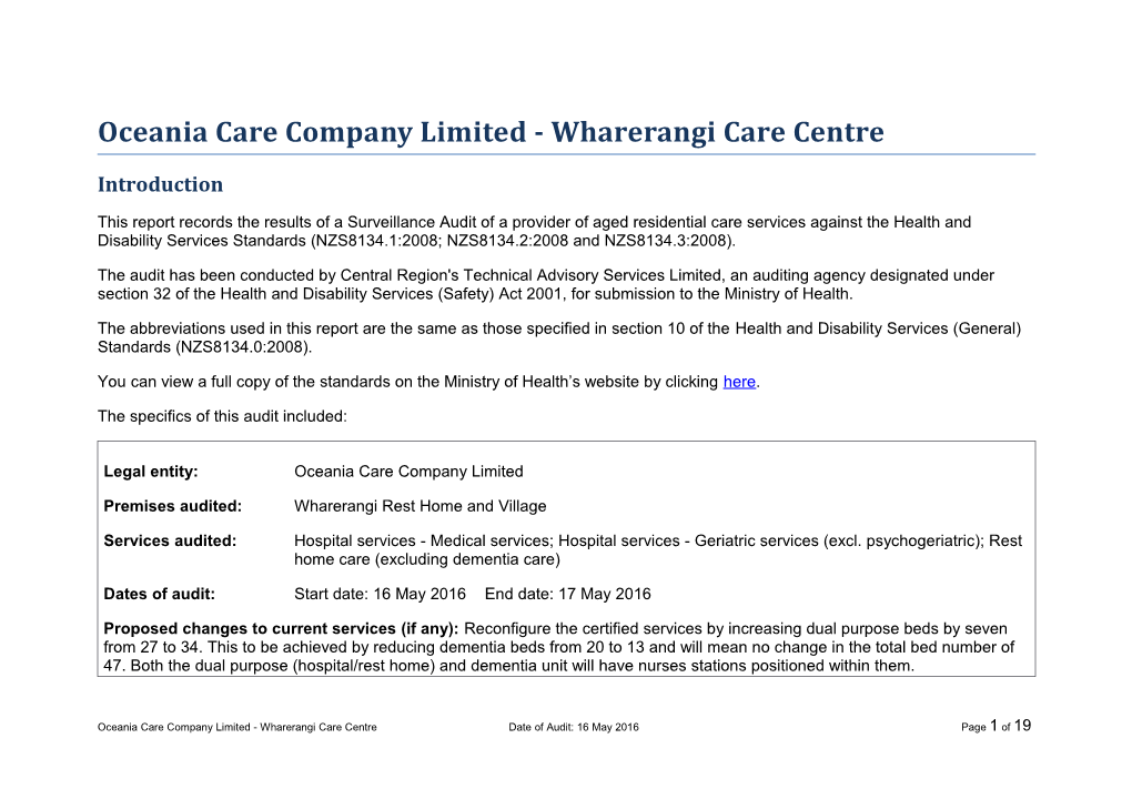 Oceania Care Company Limited - Wharerangi Care Centre