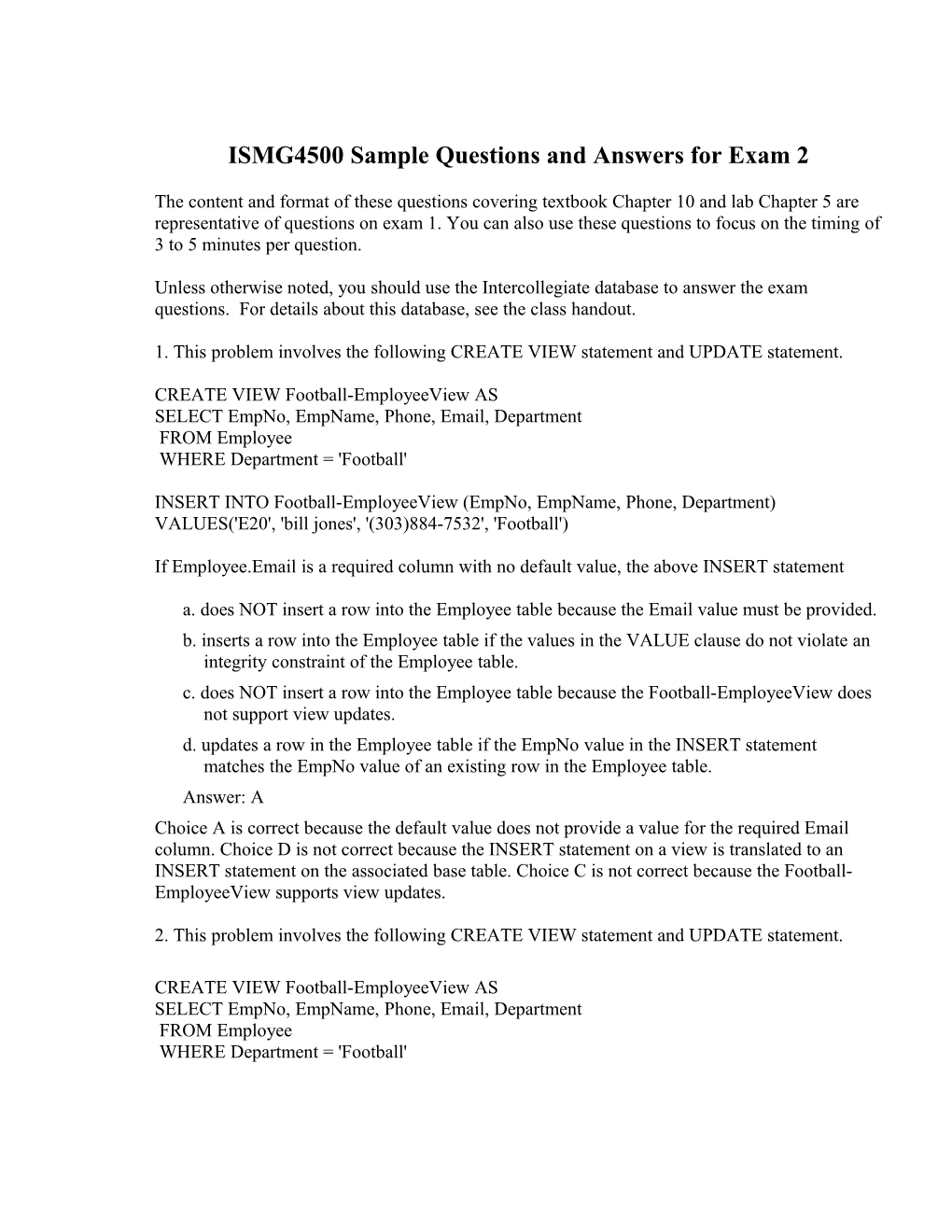 ISMG4500 Sample Questions and Answers for Exam 2