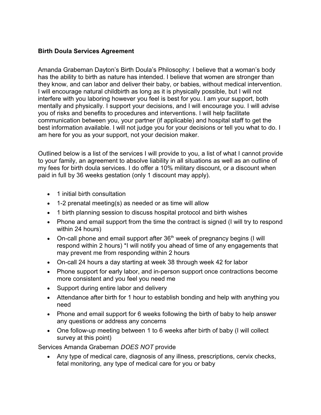 Birth Doula Services Agreement