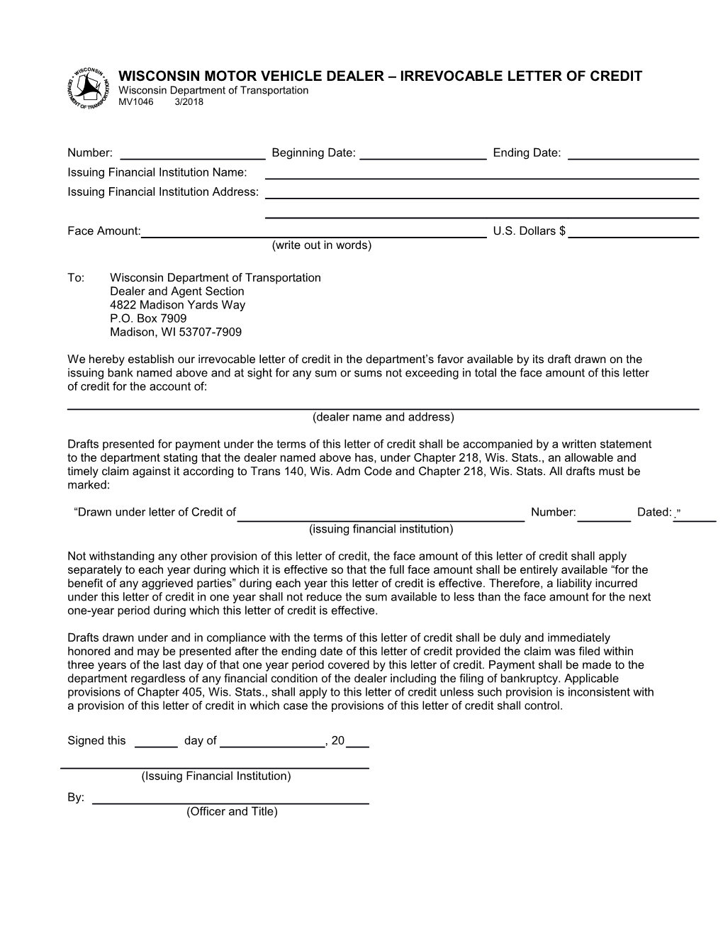 Wisconsin Motor Vehicle Dealer - Irrevocable Letter of Credit