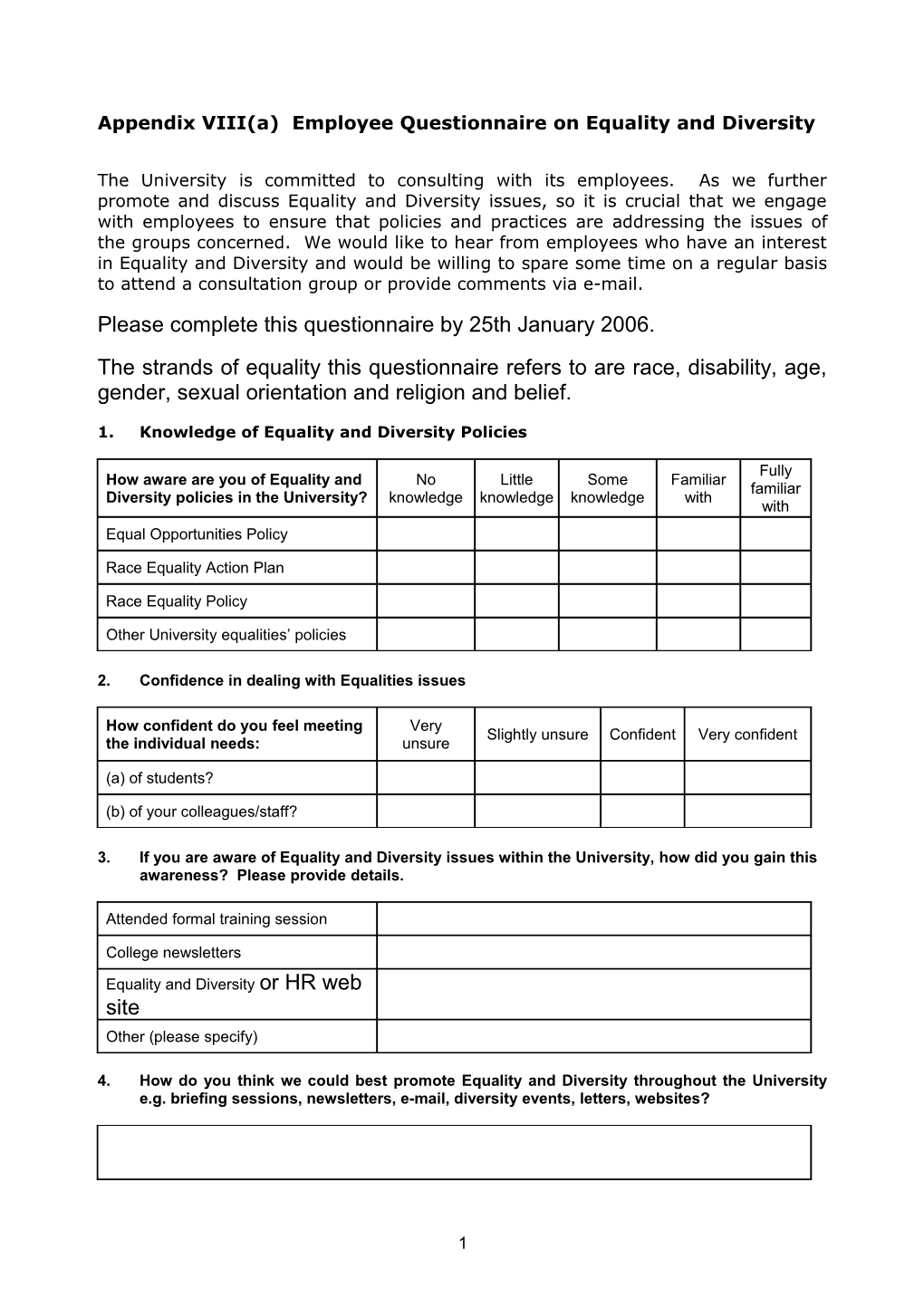 Appendix VIII(A) Employee Questionnaire on Equality and Diversity