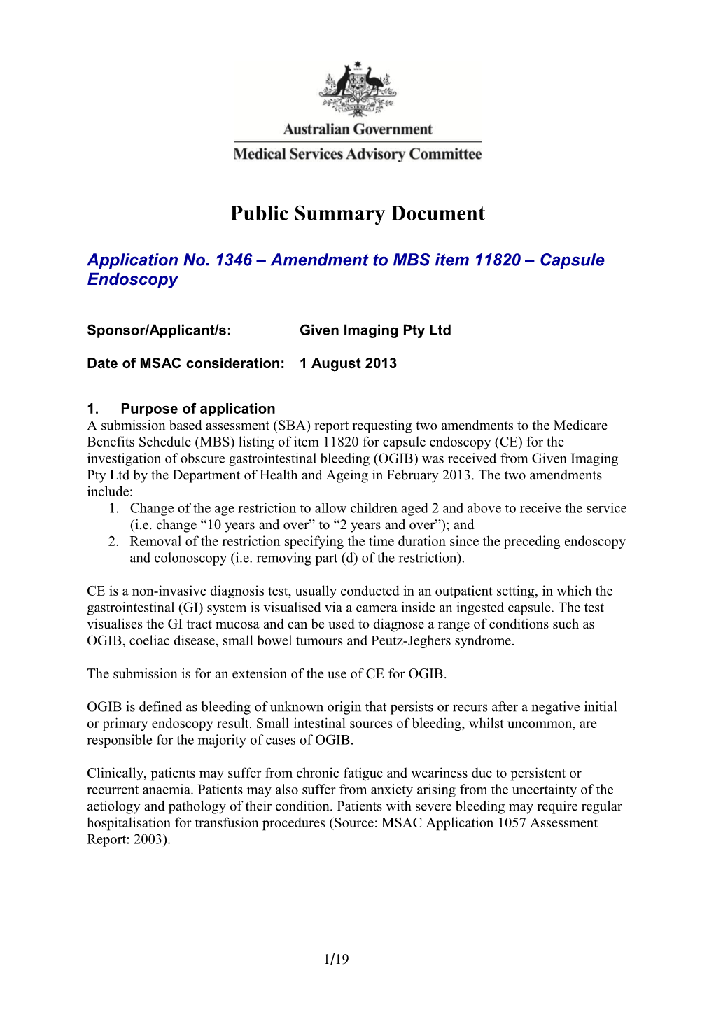 Application No. 1346 Amendment to MBS Item 11820 Capsule Endoscopy