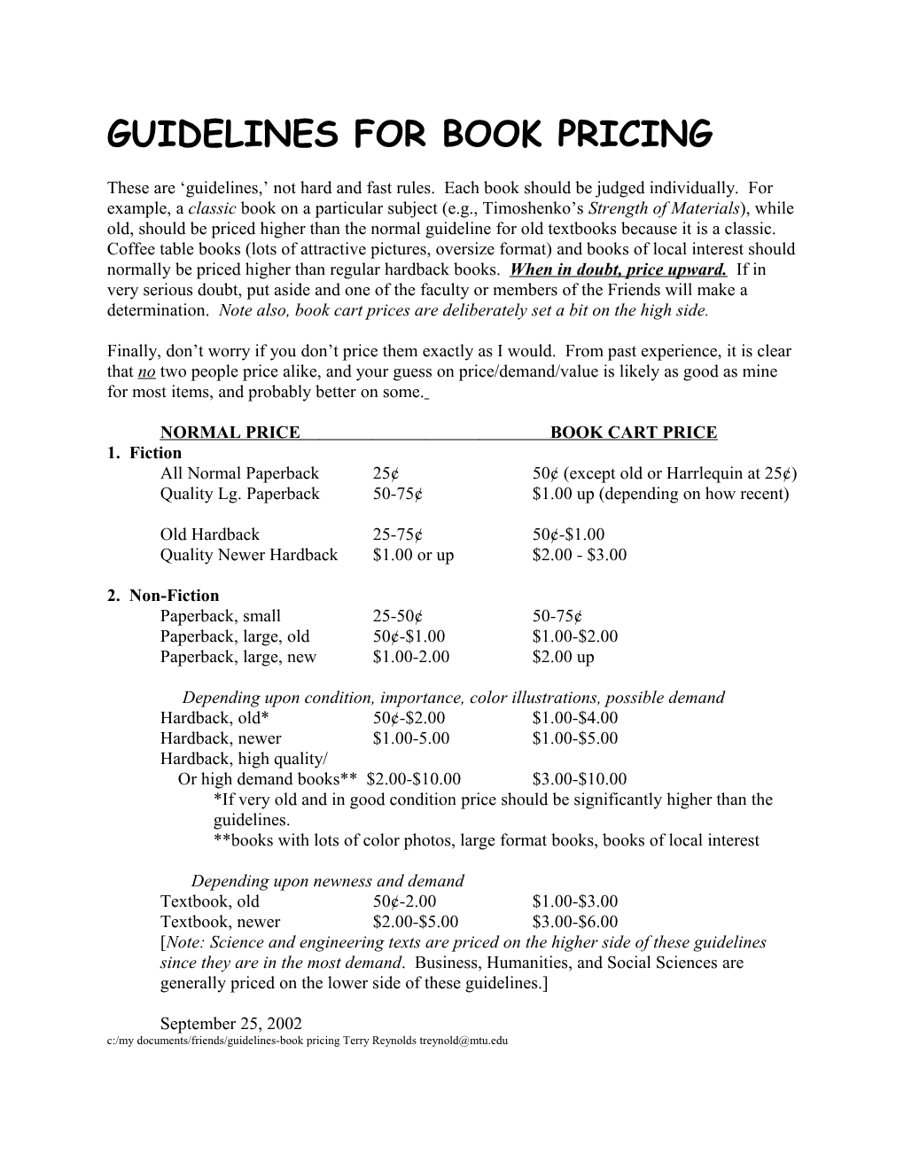 Guidelines for Book Pricing