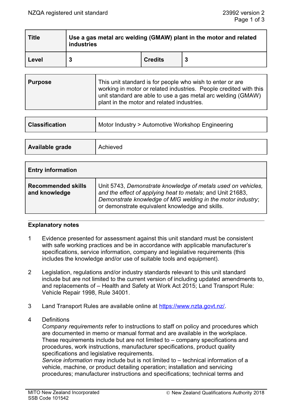 23992 Use a Gas Metal Arc Welding (GMAW) Plant in the Motor and Related Industries