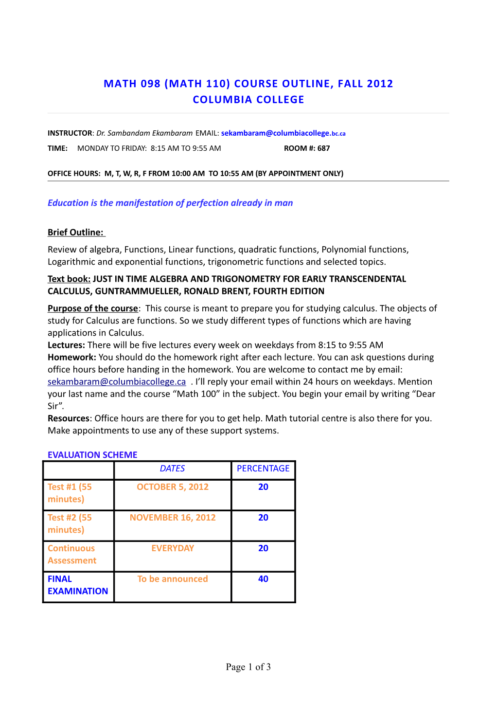 Math 098 (Math 110) Course Outline, Fall 2012