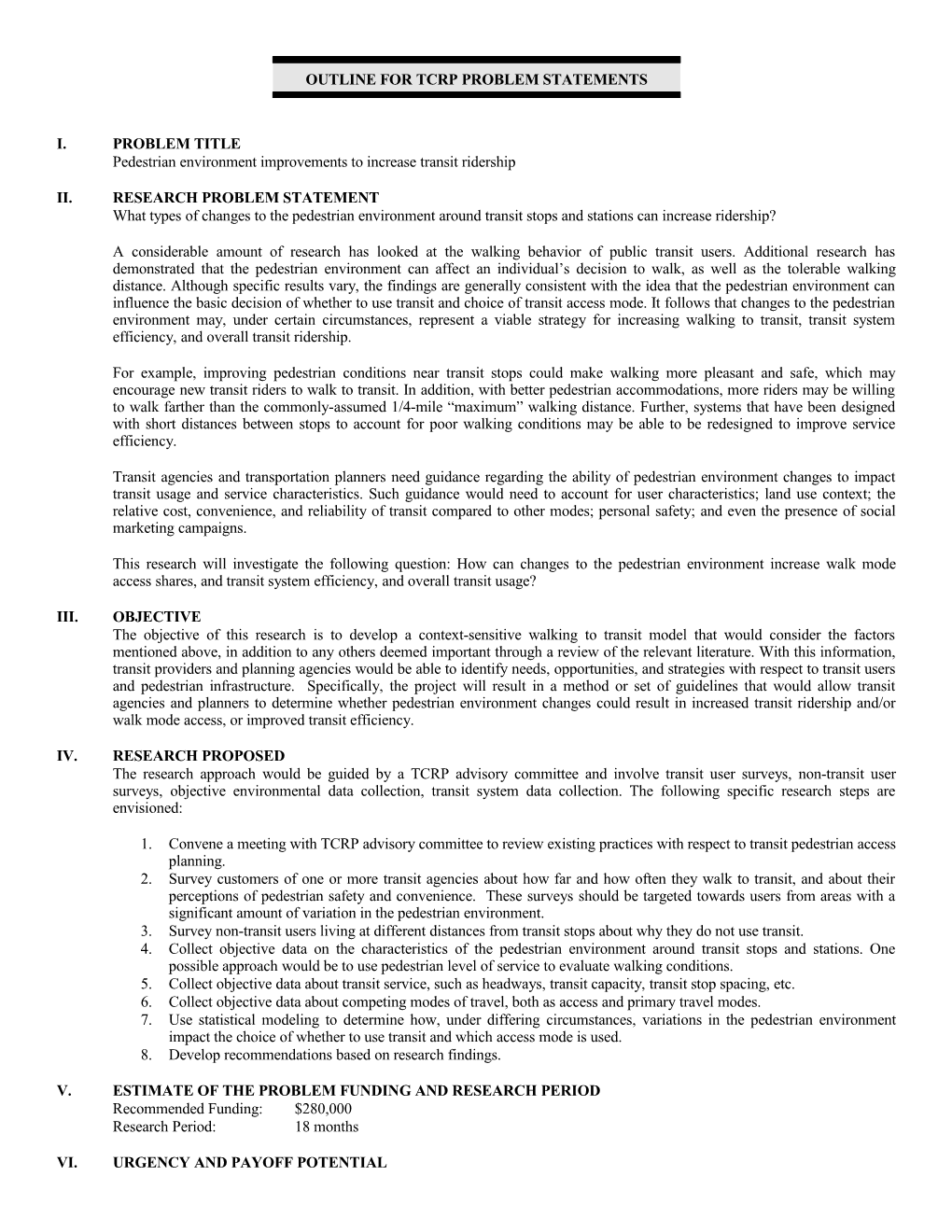 Outline for Tcrp Problem Statements